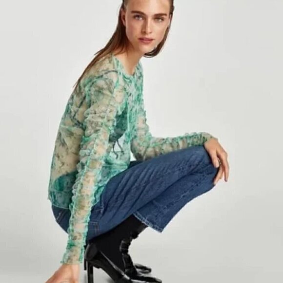 Zara Mesh Top S Green Floral Print Ruched Long Sleeve Sheer Trendy - Picture 9 of 16